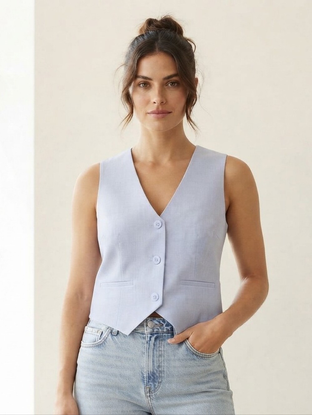 Gemma + Jane Blue Tailored V-Neck Crop Vest Waistcoat Size M NWT